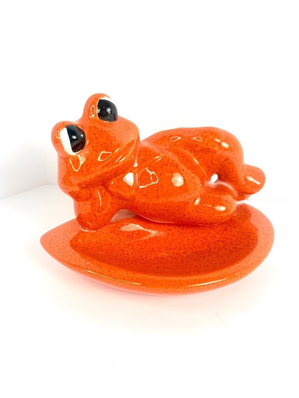 Vintage MCM Pottery Ceramic Orange Speckled Frog Soap & Toothbrush Holder RARE